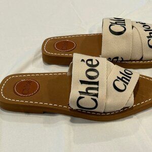 Chloe Woody Flat White Logo Ribbon Slide Sandals Size 38